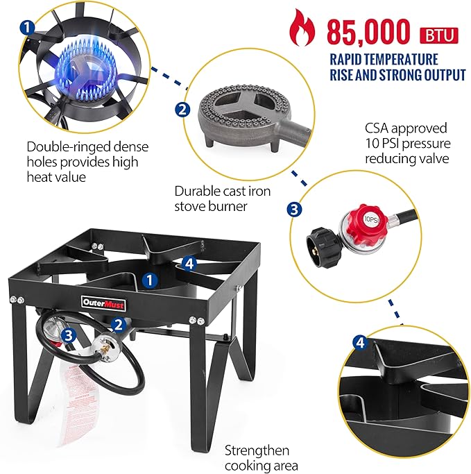 Outdoor Propane Burner Heavy Duty Propane Gas Stoves for Cooking with 10 PSI Regulator and Cast Iron Braided Holes Perfect for Home Brewing, Crawfish Boiler, Turkey Fryer and Seafood Boiler
