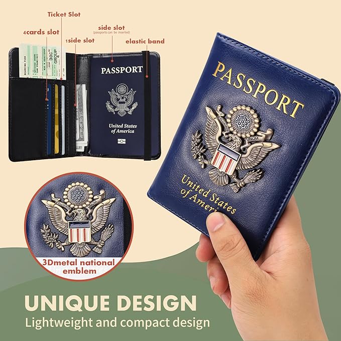2 Pcs Passport Holder for Travel with Card Slot RFID Blocking Leather Family Passport Wallet Travel Accessories for Men and Women (Blue and Black)