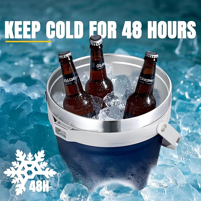 COKTIK 7L Vacuum Insulated Ice Bucket with Lid and Scoop& Tongs，Large capacity Stainless Steel Beverage Bucket for Cocktail, Champagne, Wine, Beer，Large Parties（Dark Blue Suit）