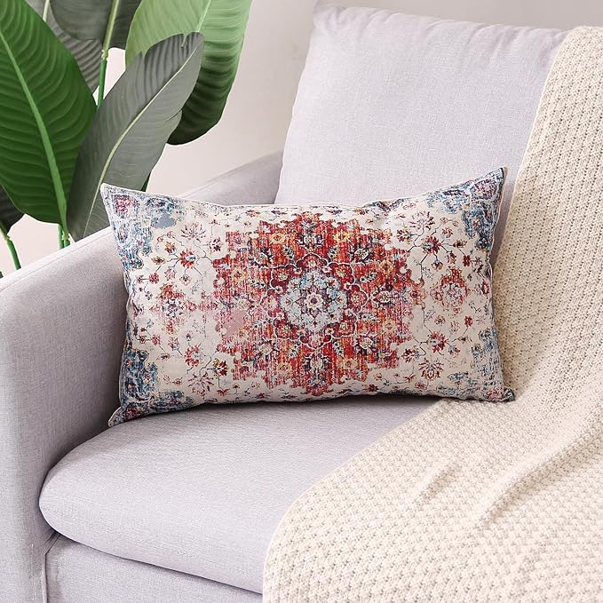 Outdoor Waterproof Pillow Set of 2 - 12 X 20 Inch Blue Orange Bohemian Vintage Carpet Pattern Ethnic Design Decorative Farmhouse Pillow Covers for Couch Garden Balcony