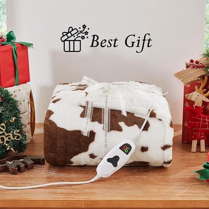 Cow Print Heated Electric Blanket Full Size,72X84 Brown Heating Blanket with 10 Heats Levels & 8 Hours Auto Off,Highland Cow Decor Fleece Sherpa Blankets Warmer Gifts for Women Adults,Washable,ETL
