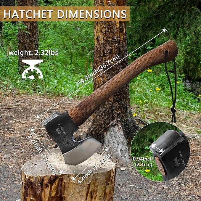 14.4" Hatchet, Camping Hatchet, Hand Forged Axe with Sheath, Bushcraft Axe with 1065 Carbon Steel and Beech Handle for Wood Chopping – Perfect for Outdoor Survival and Adventures