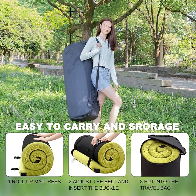Memory Foam Camping Mattress Sleeping Pad, 3" Thick Waterproof Portable Roll Up Sleeping Mats & Floor Mattress Pad with Pillow + Travel Bag for Camping Car Truck SUV Tent Sleepover Kids Adult