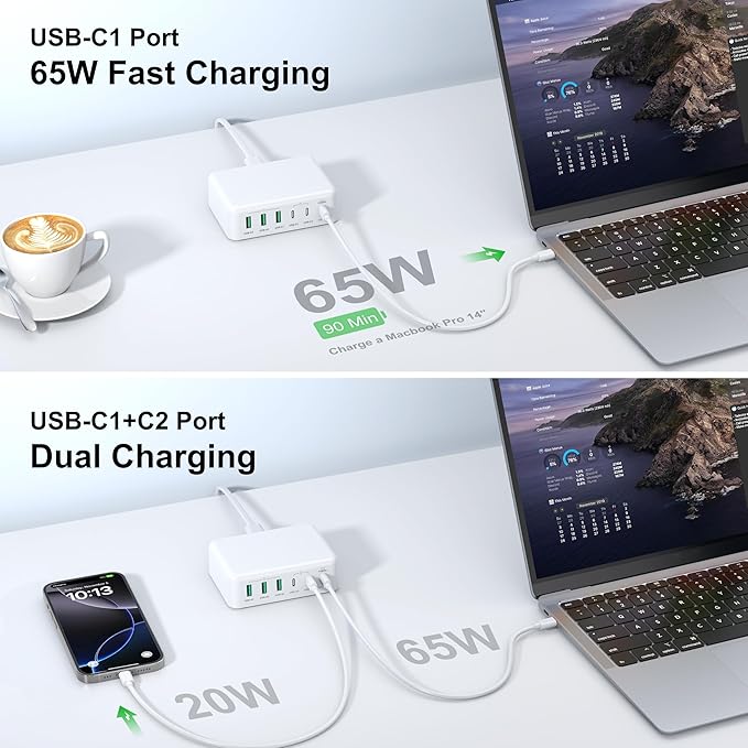 USB C Fast Charger, 150W 6 Port Desktop PD GaN Fast Charger Charging Station Block 65W USB C Laptop Power Adapter for MacBook Pro/Air iPad iPhone 16 15 14 13 Pro Max Galaxy S24 Note 20 Pixel