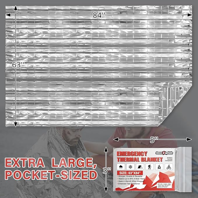 SecuCaptain Survival Emergency Thermal Blankets: 75 Pack Extra Large 84” x63” Space Mylar Blanket Kit for Outdoor Cold Winter Camping Hiking Car Bug Out Bag or First Aid