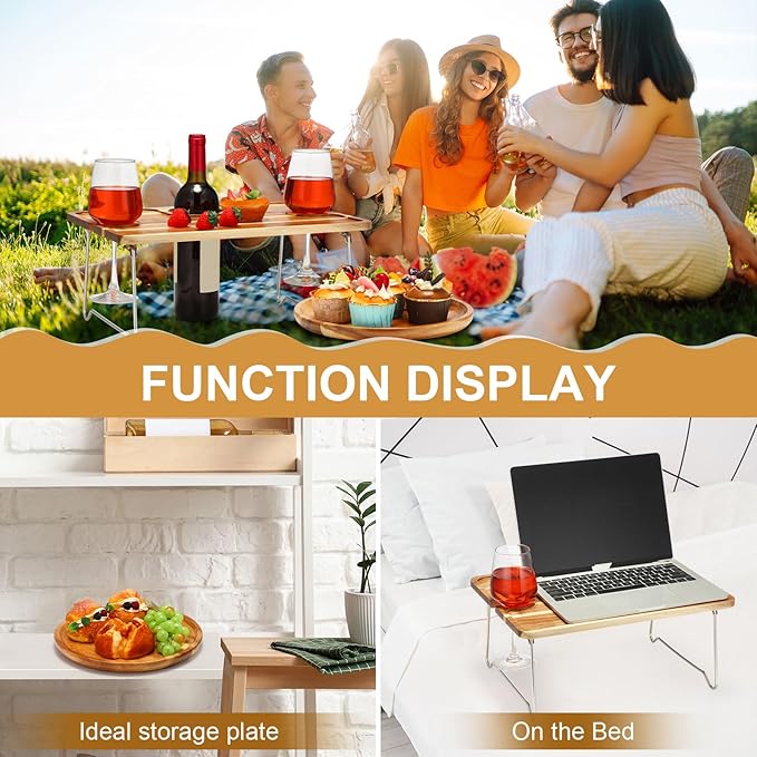 Picnic Foldable Wine Table with Natural Wood Plate Kit, Handmade Handle Portable Tray Table with Food Plate for 2 Outdoor Camping Picnic Wine Set Gift for Couples (Dark Color)