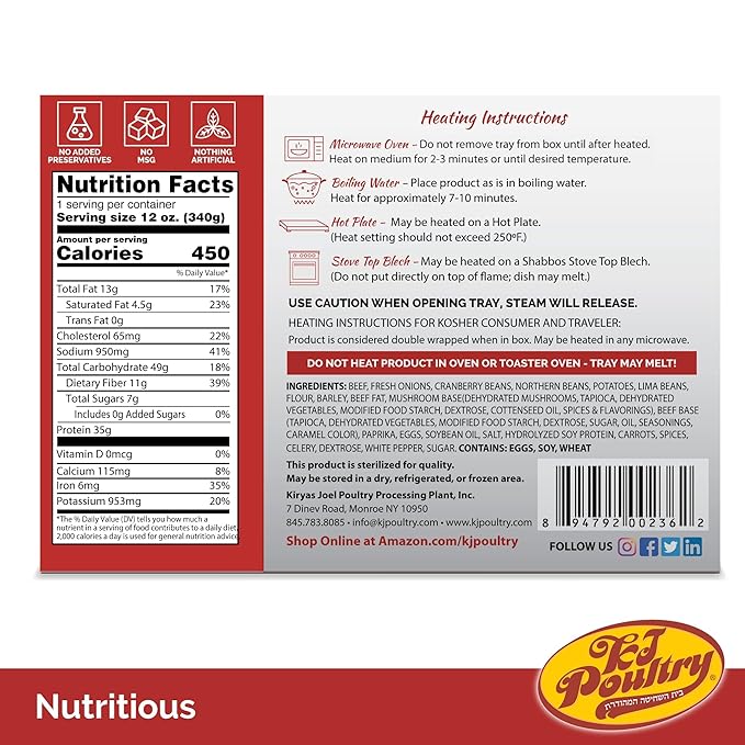 KJ Poultry Kosher Ready Meals - Beef Chulent & Kugel, MRE Meat Meals Ready to Eat, Shabbos Food (1 Pack) Prepared Entree Fully Cooked, Shelf Stable Microwave Dinner Travel, Military, Camping, Survival