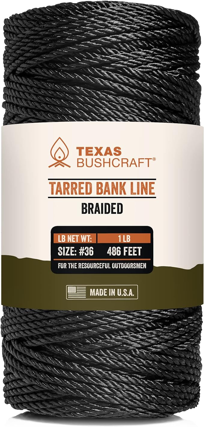 Texas Bushcraft Tarred Bank Line Twine - #36 Black Nylon String for Fishing, Camping and Outdoor Survival – Strong, Weather Resistant Bankline Cordage for Trotline