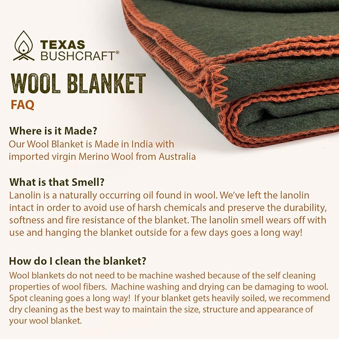 Texas Bushcraft Merino Wool Blanket for Camping Hiking and Backpacking – Water Fire Resistant Camp Car is Fast-Warming Durable with Double-Stitched Edging (66” x 90”) Burnt Orange