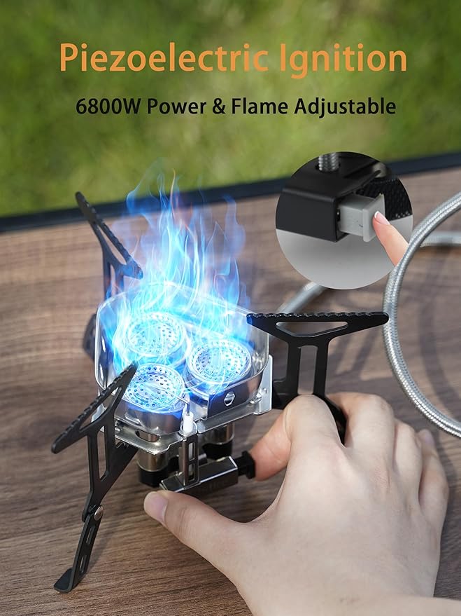 ONLYFIRE Portable Camping Gas Stove 6800W, Small Backpacking Stove with Piezo Ignition, Propane Adapter, Mini Camp Stove with Carry Bag for Outdoor Cooking, Picnic, Camping and Hiking, GS334