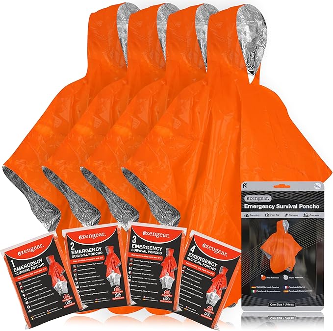 aZengear Emergency Survival Poncho (4pc) Thermal Mylar Foil Blanket for Heat Retention and Rain | Reversible with Hood | Waterproof, Windproof, Portable, Hands-Free, Outdoor Kit (Orange)