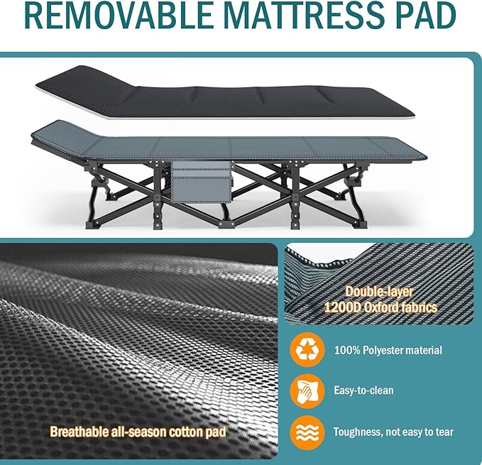 Camping Cot for Adults, Folding Bed with Comfortable Cushion, Tent Portable Sleeping Bed with Carry Bag for Camp, Office Use, Outdoor, Traveling Supports 450 lbs