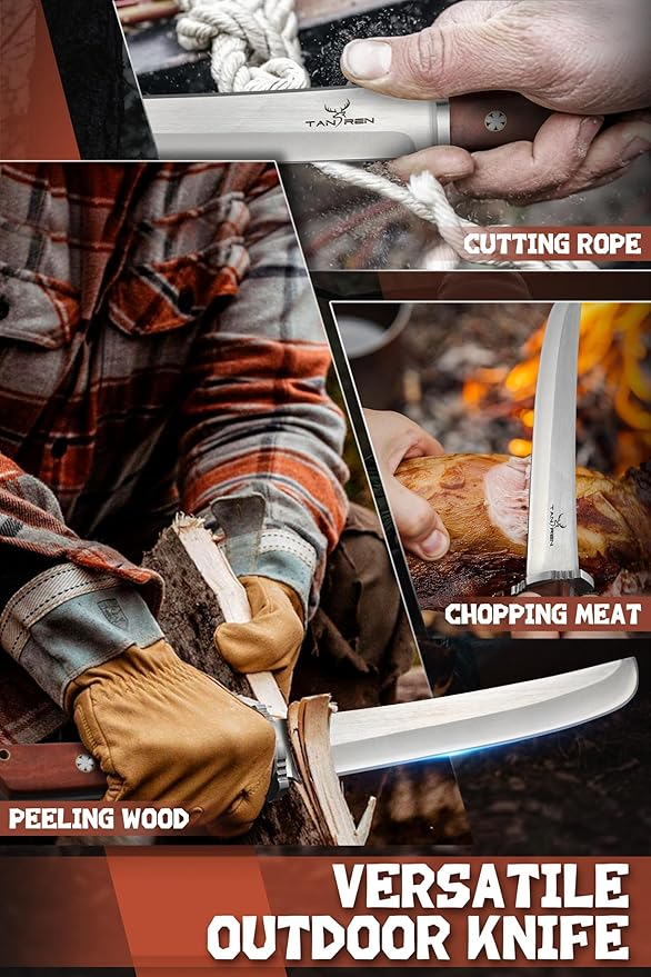TAN REN Tanto Knife Fixed Blade, 8 Inch Survival Knives with Wooden Handle, Japanese Fixed Blade Knife with Sheath for Camping, Outdoor, Gift Knives for Men