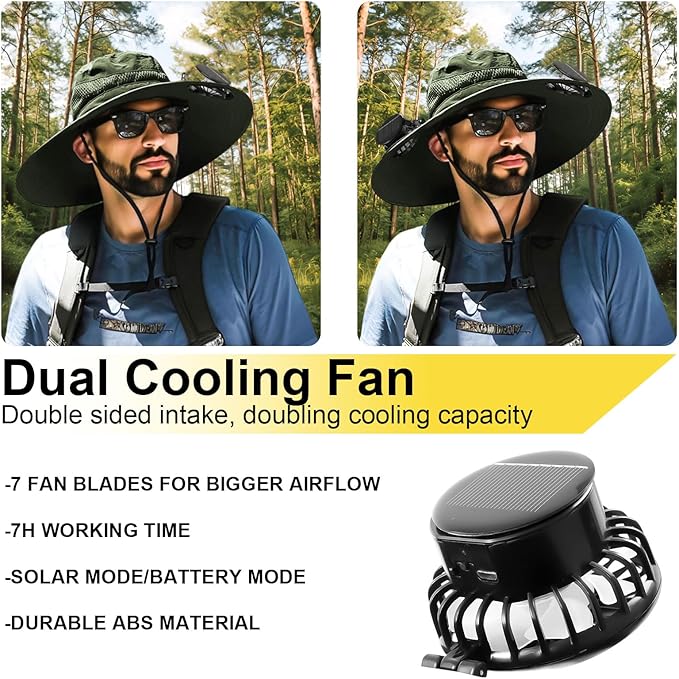 Outdoor Wide Brim Sun Hat with 2 Solar Fan for Men Women UPF50+ Outdoor Hiking Sun Protection Bucket Fishing&Cycling Hat