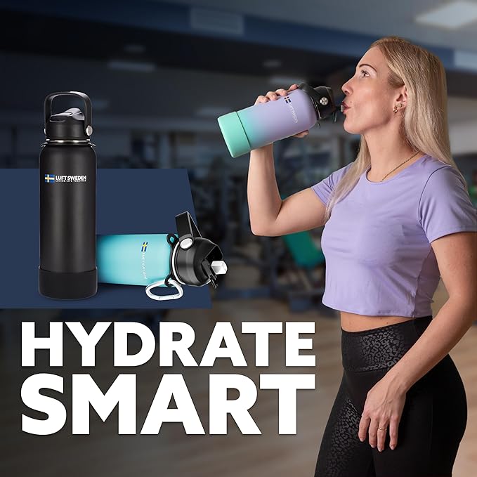 LUFT SWEDEN Stainless Steel Water Bottle – 40 oz Reusable Insulated Gym Bottle with Straw Lid | Leakproof, Dishwasher Safe, Double Wall Thermos for Cold Drinks – Matte Black