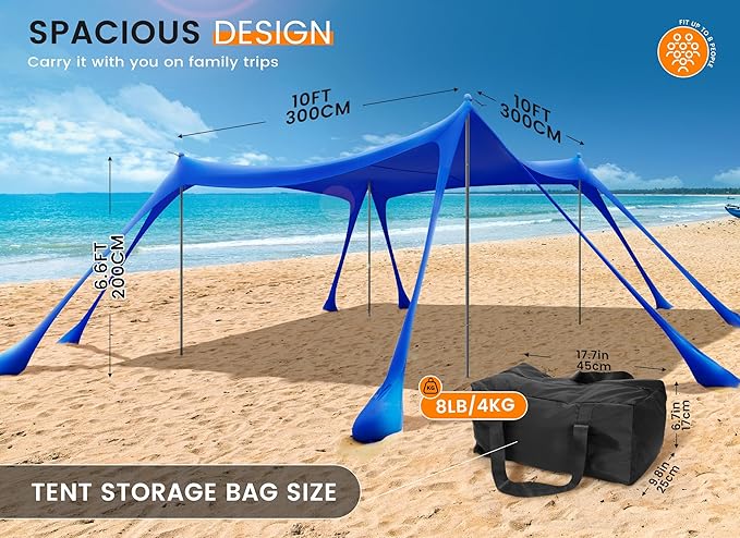 Beach Tent Sun Shelter, Portable Sun Canopy UPF50+ Outdoor Shade with 4 Stability Poles and 8 Sandbags, 10 x 10ft, Sand Shovel, Ground Pegs and Carry Bag for Beach, Camping, Fishing, Picnics