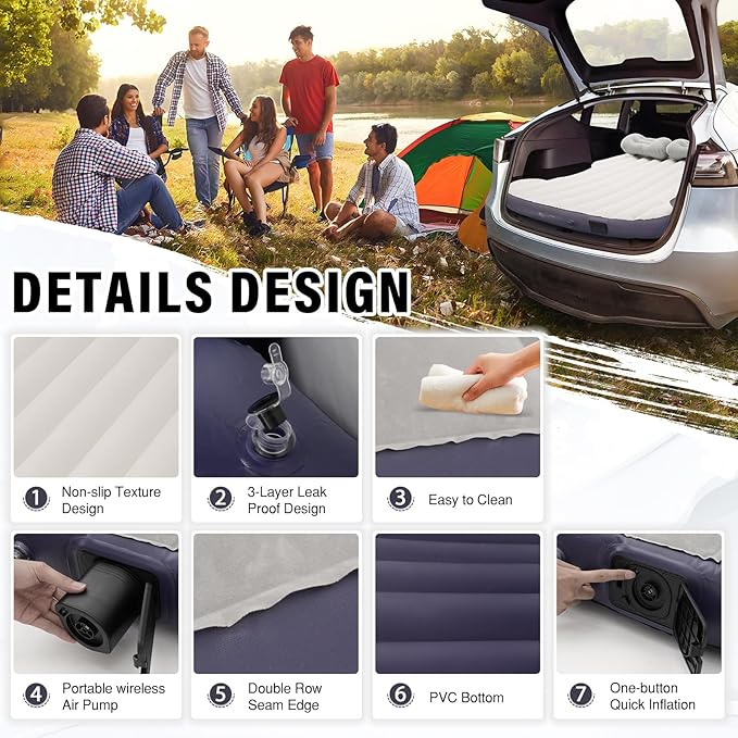 Self-Inflating Car Air Mattress for Tesla Model Y 2025 2024-2020/Model Y Juniper Outdoor Camping Air Bed with 2 Pillows Built-in Pump Air Couch Mat Flocking Air Cushion Model Y Accessories(Beige&Blue)