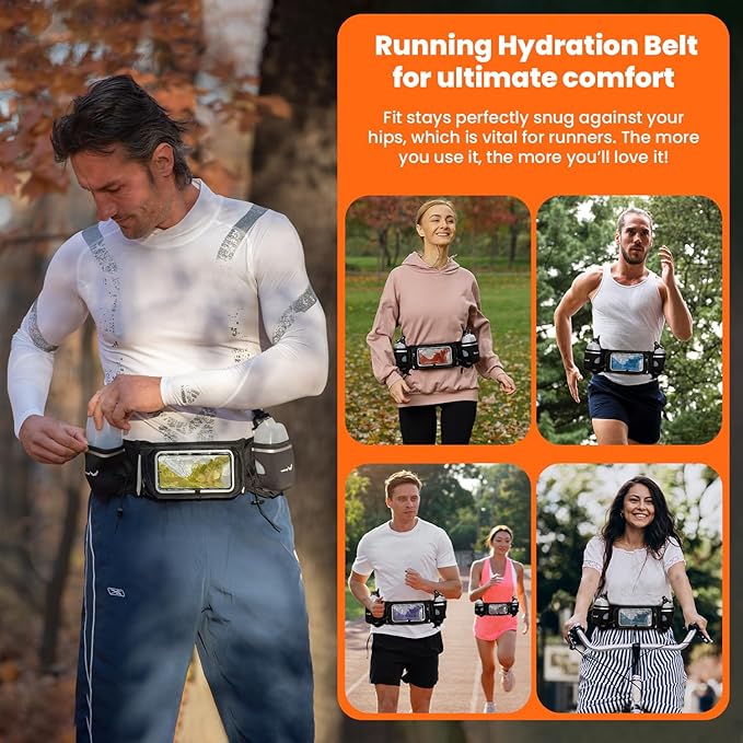 No.1 Hydration Belt by Runtasty - Premium Running Fuel Belt w/2 BPA-Free 10 oz Water Bottles, Tilt-Up Pocket w/Touchscreen-Ready Cover - Fits All iPhones, Runners Ebook & No-Bounce Design