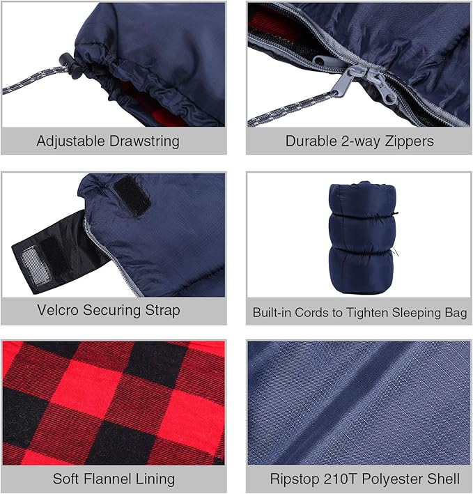 REDCAMP Cotton Flannel Sleeping Bag for Camping Backpacking, Adults Cold Weather Envelope Sleeping Bags with 2/3/4/6lbs Filling