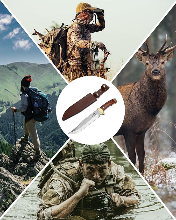 Mossy Oak 14-inch Bowie Knife, Full-tang Fixed Blade, Wood Handle Hunting Knife with Leather Sheath for Camping, Hiking, Survival