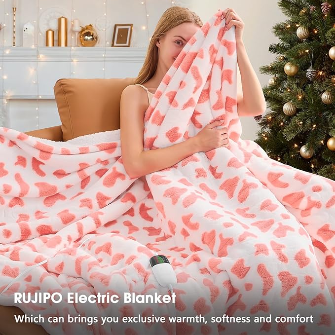 Cow Print Heated Electric Blanket Twin,62X84 Pink Heating Blanket with 10 Heats Levels & 8 Hours Auto Off,Cute Cow Decor Fleece Sherpa Blankets Warmer Gifts for Women Couch Office,Washable,ETL