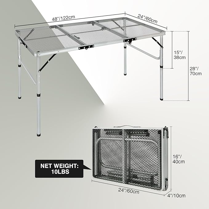 REDCAMP 48x24 Long Folding Grill Table for Outside, Lightweight Portable Metal Aluminum Outdoor Grill Table with Adjustable Height Legs, Great for Camping Picnic Cooking BBQ, Silver 4ft