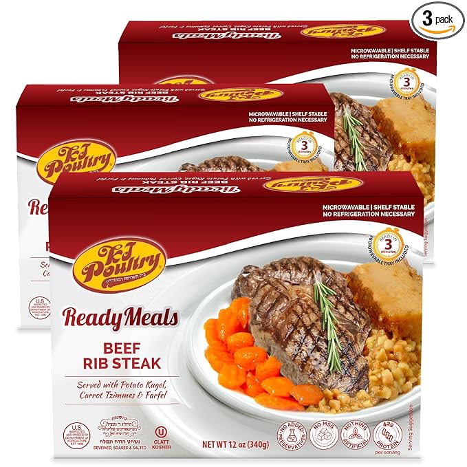 KJ Poultry Kosher Ready Meals - Beef Rib Steak & Kugel, MRE Meat Meals Ready to Eat, Shabbos Food (3 Pack) Prepared Entree Fully Cooked, Shelf Stable Microwave Dinner Travel Military Camping Survival