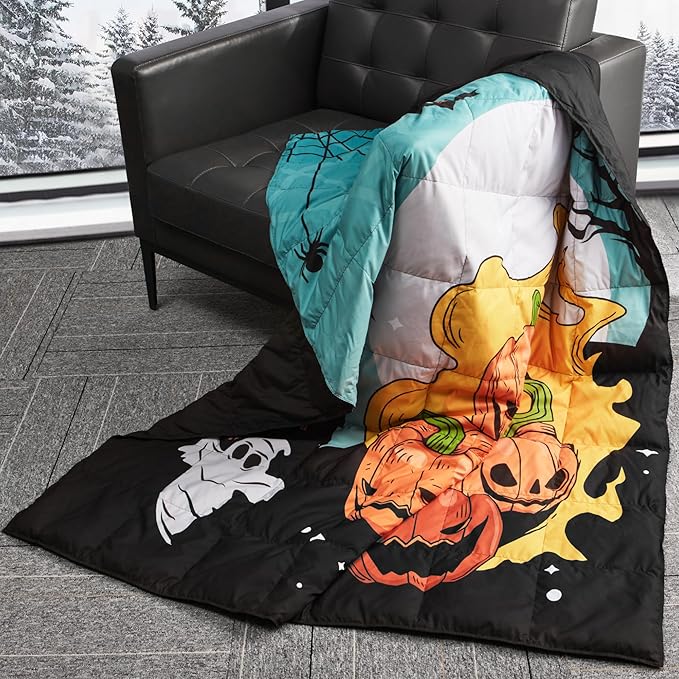 puredown® Soft Feather Down Throw Blanket Lightweight Packable Couch Throw for Indoor and Outdoor Use, 50"X70", Halloween Gothic Black