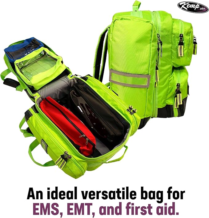 Kemp USA Ultimate EMS Backpack - Emergency Supplies - EMT Bag Fits BLS/ALS Equipment and D Tank Oxygen Cylinder - Multiple Grab Points, Chest & Waist Support Straps & Color-Coded Pouches (Neon Green)