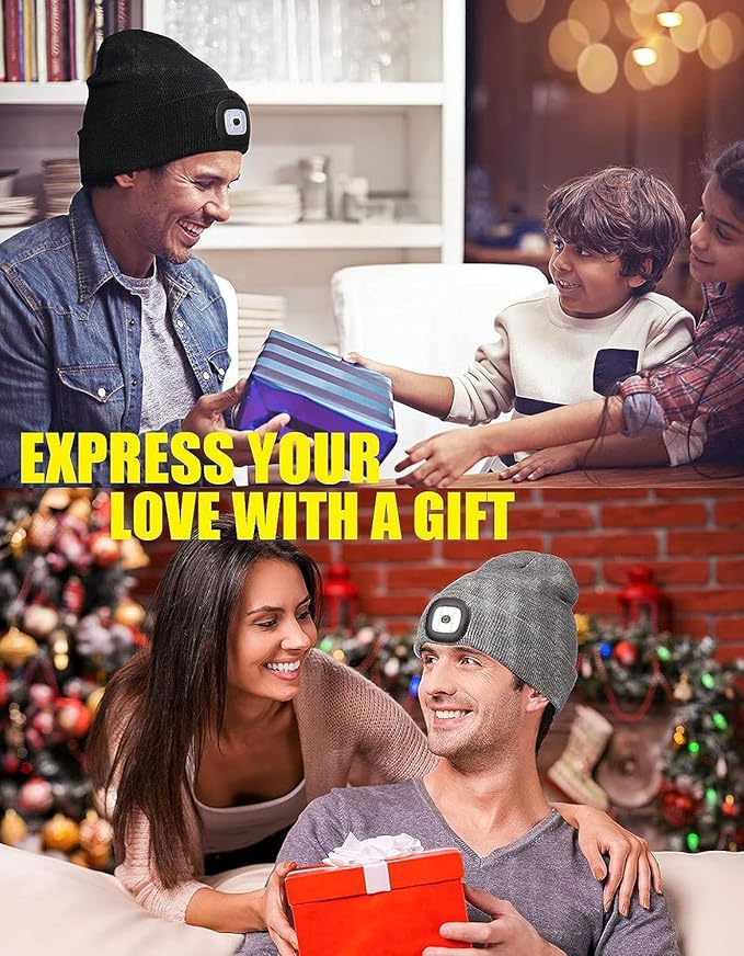 MELASA Unisex Hat with Light, USB Rechargeable Hands Free Headlamp LED Beanie, Winter Gifts for Men Dad Father Husband Him
