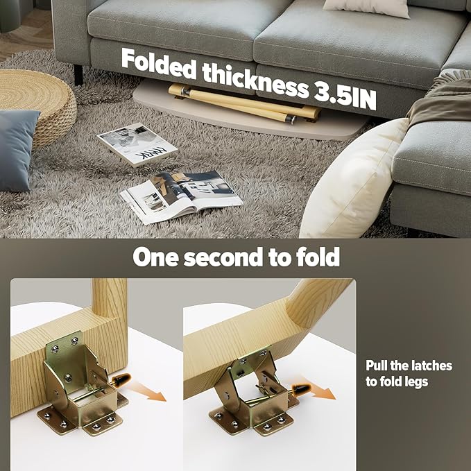 WOHOMO Folding Coffee Table 39.3'' White Coffee Tables for Living Room Portable Simple Modern Rectangular Center Table for Small Spaces, No Assembly, White-Htp