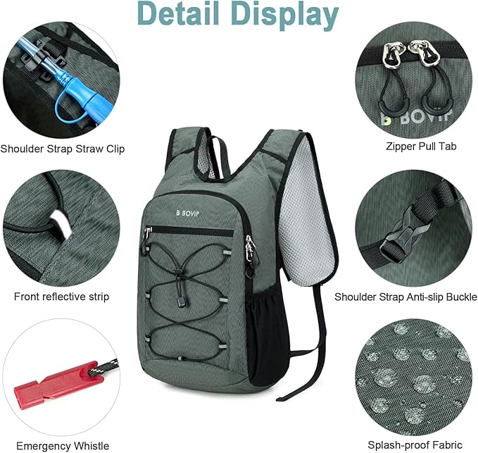 BOVIP Lightweight Hydration Back,15L Multipurpose Hiking Backpack with 1.5L Water Bladder ,Hydro Water Daypack for Cycling Hiking Rave for Men Women