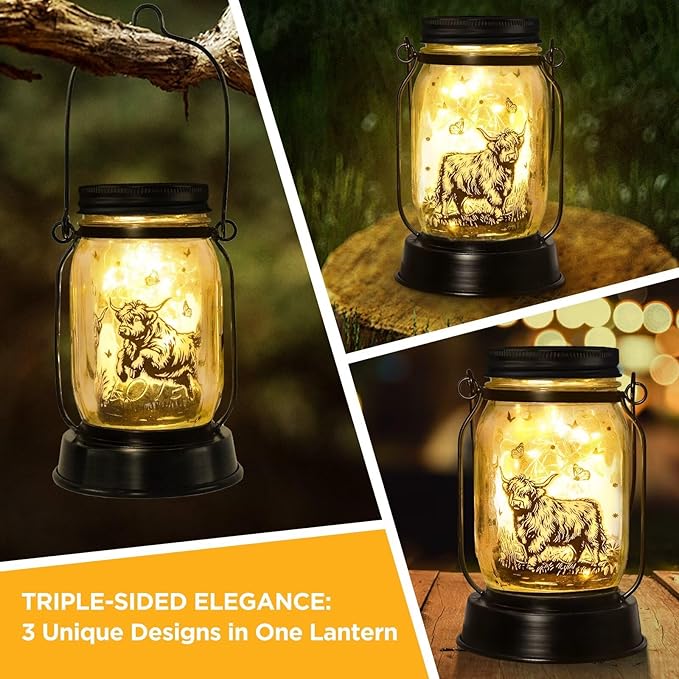 Highland Cow Gifts for Women/Men Highland Cattle Lovers Solar Lantern Mom Birthday, Mothers Day, Christmas Gifts, Solar Cow Garden Decoration Outside for Yard, Patio,Backyard,Porch, Torches