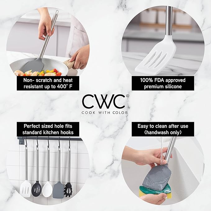 COOK WITH COLOR Silicone Cooking Utensils, Kitchen Utensil Set, Easy to Clean Silicone Kitchen Utensils, Cooking Utensils for Nonstick Cookware, Kitchen Gadgets Set, 5 Pieces, Black/White