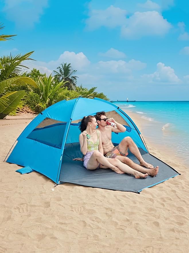 Easy Set-Up Beach Tent - UPF 50+ Sun Shelter for Family (2-3 Person), Portable Instant Sun Shade with 3 Mesh Windows, Windproof Stakes & Storage Pockets, for Beach, Camping, Picnics