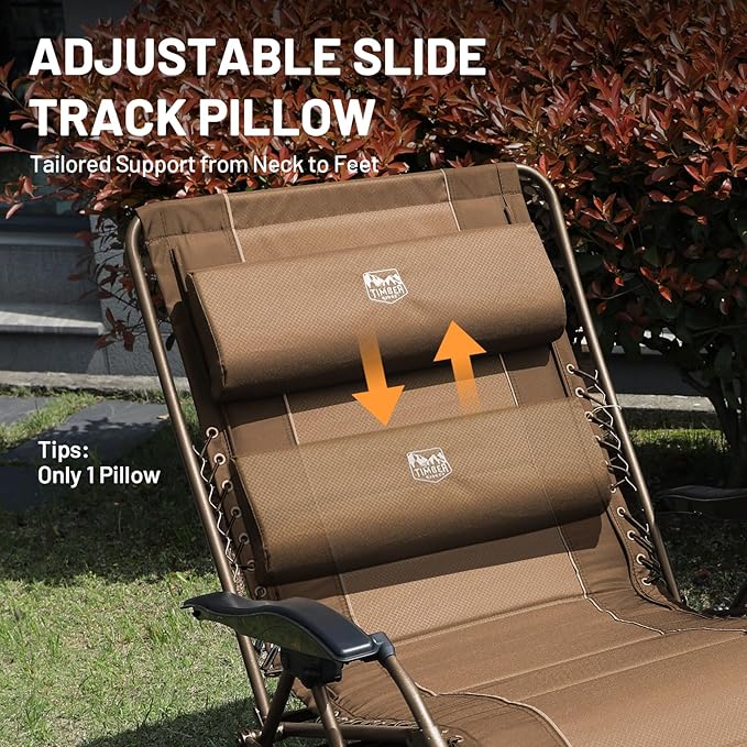 TIMBER RIDGE Oversized Zero Gravity Chair, 33In Wide XXL Zero Gravity Reclining Chair with Side Table, Full Padded Lounge Chair for Outdoor Camping Patio Lawn, Heavy Duty Supports 500lbs, Brown-2 Pack