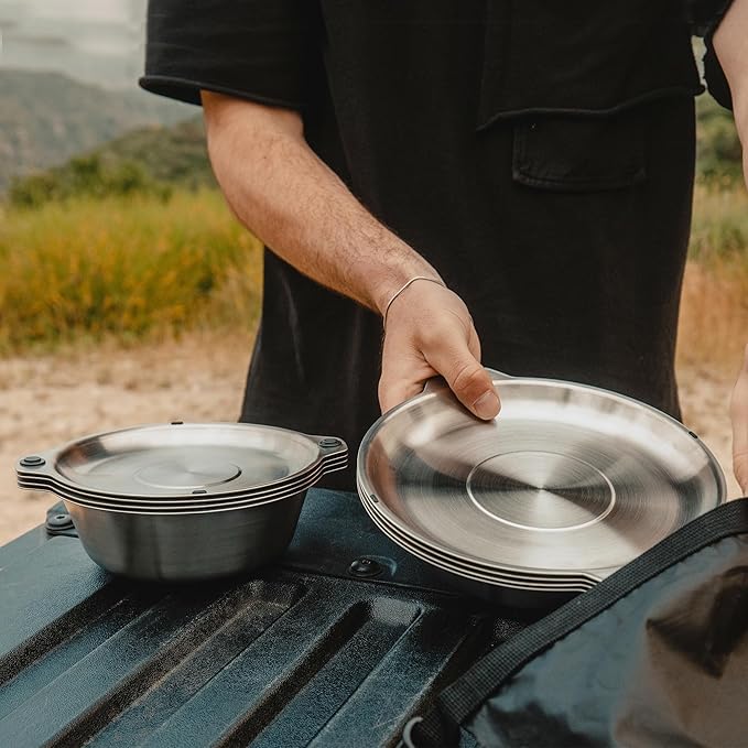 FULL WiNDSOR - MAGWARE - Magnetic Bowls and Plates Set - Stainless Steel Travel Dinnerware for Camping, Overlanding, Backpacking, Picnic, RV, Outdoor Dining Portable Tableware Mess Kit