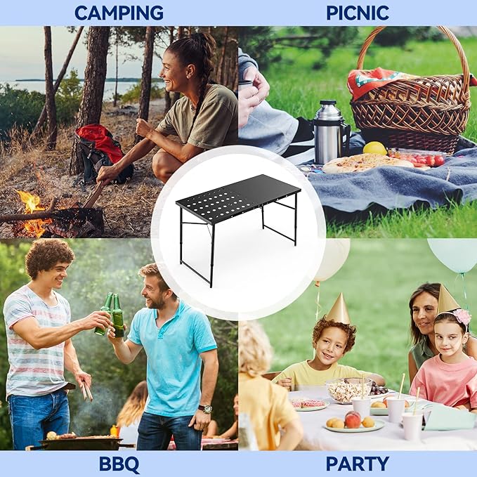 Skyflame Folding Camping Table with Adjustable Height Legs, Black Metal Portable Outdoor Grill Stand Table with Handle for BBQ, Grilling, Camping Trip, RV, Picnic, Backyards, Tailgating