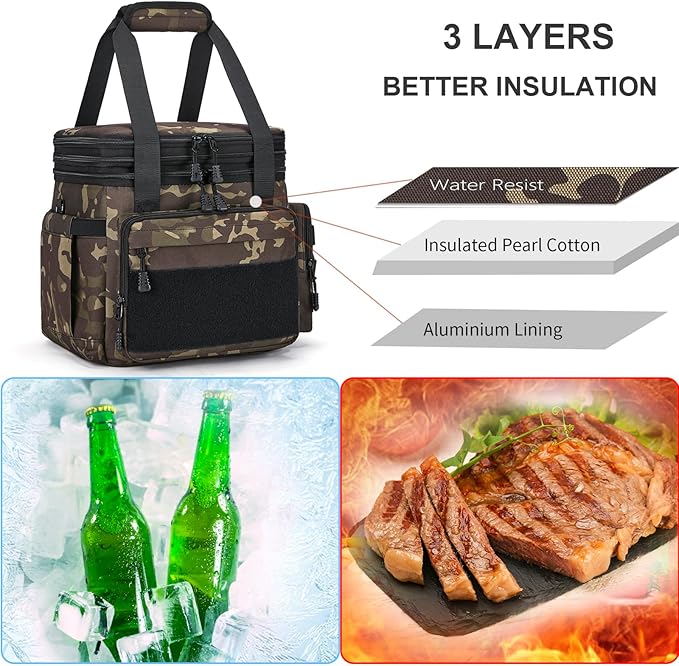 Tactical Lunch Box for Men, Insulated Bag Adult, Thermal Lunchbox Leakproof Waterproof Cooler Bag, Dual Compartment Tote, Large Pail Work Office Camping Travel(Black Camo)