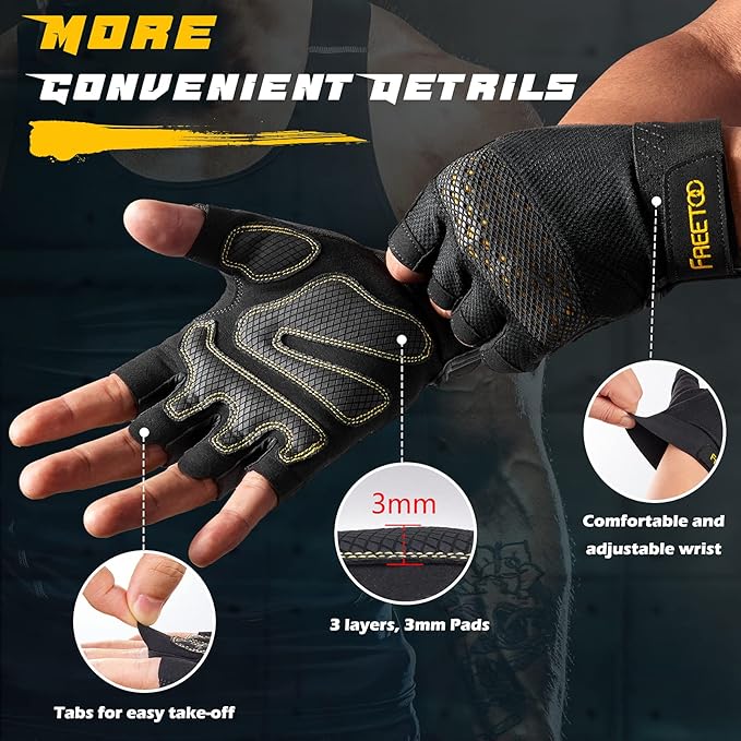 FREETOO Workout Gloves for Men, Weight Lifting Gloves with Full Palm Protection, Ultra Ventilated, Cushion Pads and Silicone Grip