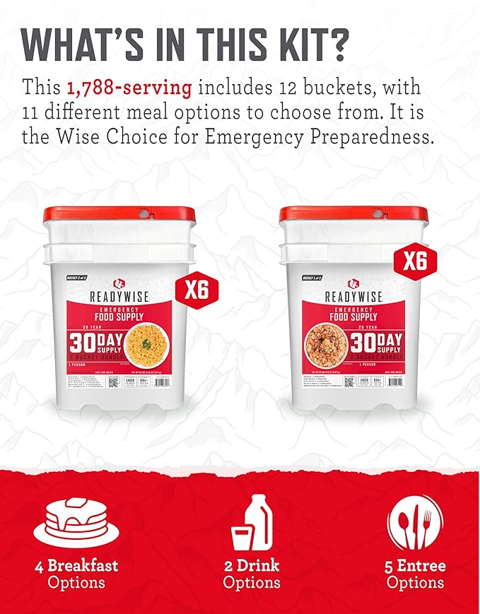 ReadyWise 6 Month Emergency Food Supply - 1,788 Servings, 12 Buckets Freeze Dried Protein Meals, Disaster Survival Food Storage, Ready to Eat, Camping Essentials, up to 25 Year Shelf Life