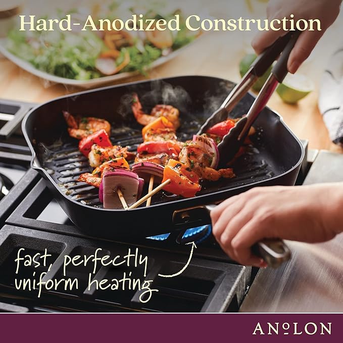 Anolon Advanced Home Hard Anodized Nonstick Deep Square Grill/Griddle Pan with Pour Spouts, 11 Inch, Onyx