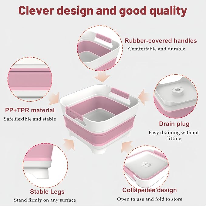 2.4 Gal Collapsbile Wash Basin with Drian Plug,9L Dish Pan for Soaking Baby Bottles,Portable Sink, Multiuse Foldable Bucket,Ice Beverage Tubs for Camping, Vegetable Washing, RV (Pink)