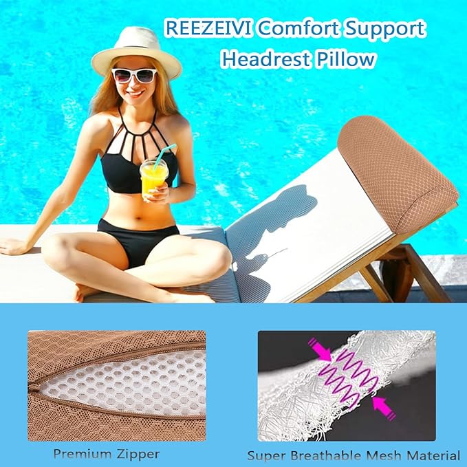 REEZEIVI 1Pack Headrest Pillow for Patio Chaise Lounge,Chaise Lounge Pillows Outdoor 3D air mesh with Elastic Band,Quick Drying and Washable Spa Pillow for Recliner,Beach Chair,Office Chair,Brown