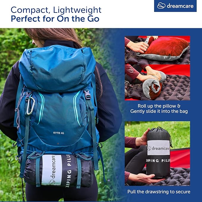 DREAMCARE Camping Pillow, Memory Foam Travel Pillow, Camping Accessories - Small Pillow Camping Essentials Camping Pillows for Sleeping, Backpacking Pillow, Travel Pillows for Sleeping (Small,Red)