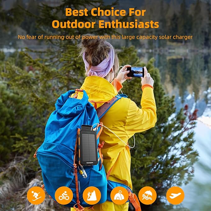 Solar Charger Power Bank 20,000mAh, Portable Charger, 4 Cables 3 Ports Fast Charging External Battery Pack with USB C for Cell Phones, Solar Panel Charger with Dual Flashlight for Camping