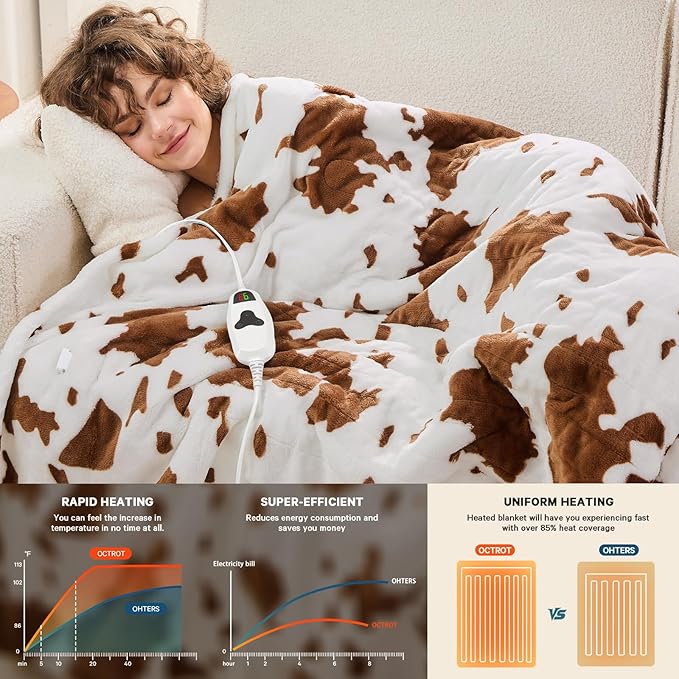 Cow Print Heated Electric Blanket Full Size,72X84 Brown Heating Blanket with 10 Heats Levels & 8 Hours Auto Off,Highland Cow Decor Fleece Sherpa Blankets Warmer Gifts for Women Adults,Washable,ETL