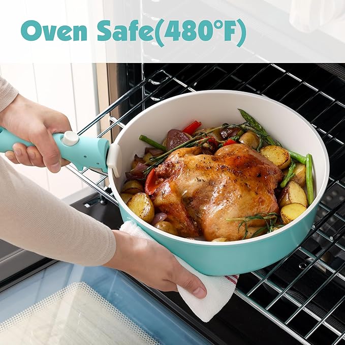 SENSARTE 17 Piece Ceramic Pots and Pans Set, Nonstick Detachable Handle Cookware, Induction Kitchen Cookware Set with Removable Handle, Dishwasher ＆ Oven Safe (Turquoise)