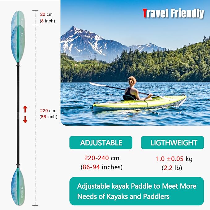 Kayak Paddles with Fiberglass Shaft and Reinforced PP Blade, Floating Adjustable Kayaking Oars, 3 Piece, 220-240 cm/86-94 Inches, 240-260 cm/94-102 Inches