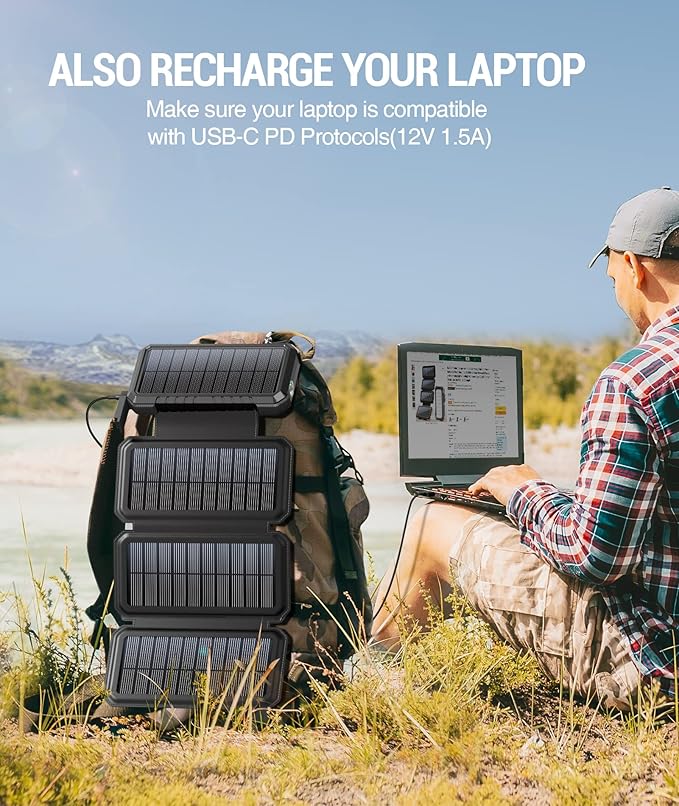 BLAVOR Solar Charger Power Bank, PD 18W Fast Charging 20000mAh Battery Pack with 4 Foldable Panels, Portable Solar Powered USB C Charger with Camping Flashlight Compass Carabiner for Cell Phone